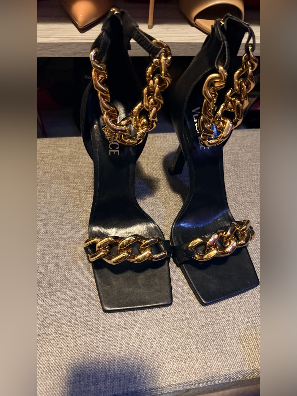 Versace Black and gold Chain Heel Sandals 42